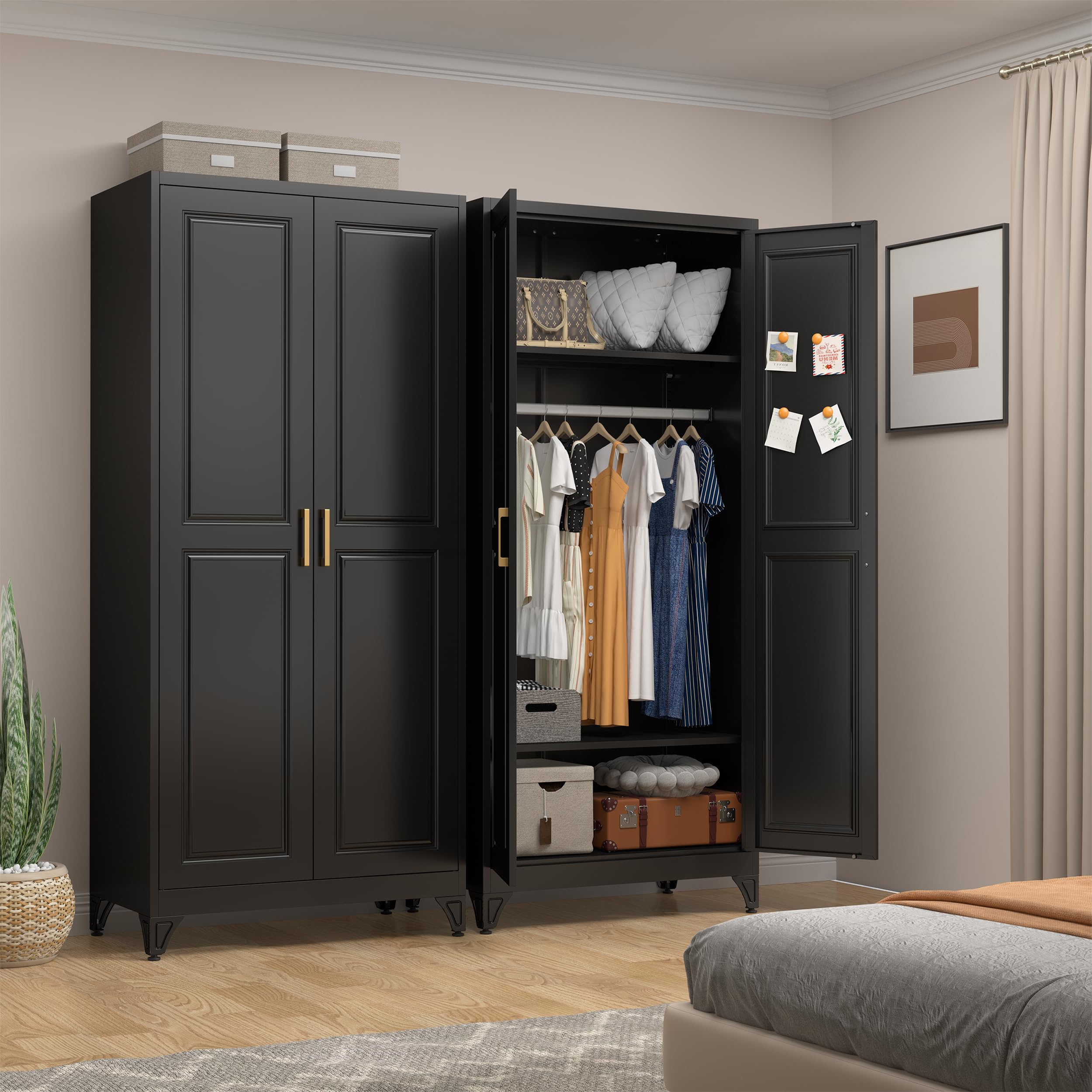 Armoire Wardrobe Closet with Doors, 71'' Wardrobe Cabinet with Hanging Rod, Metal Closet with 2 Adjustable Shelves for Bedroom School, Employee, Gym, Armarios De Ropa para Dormitorio, Black
