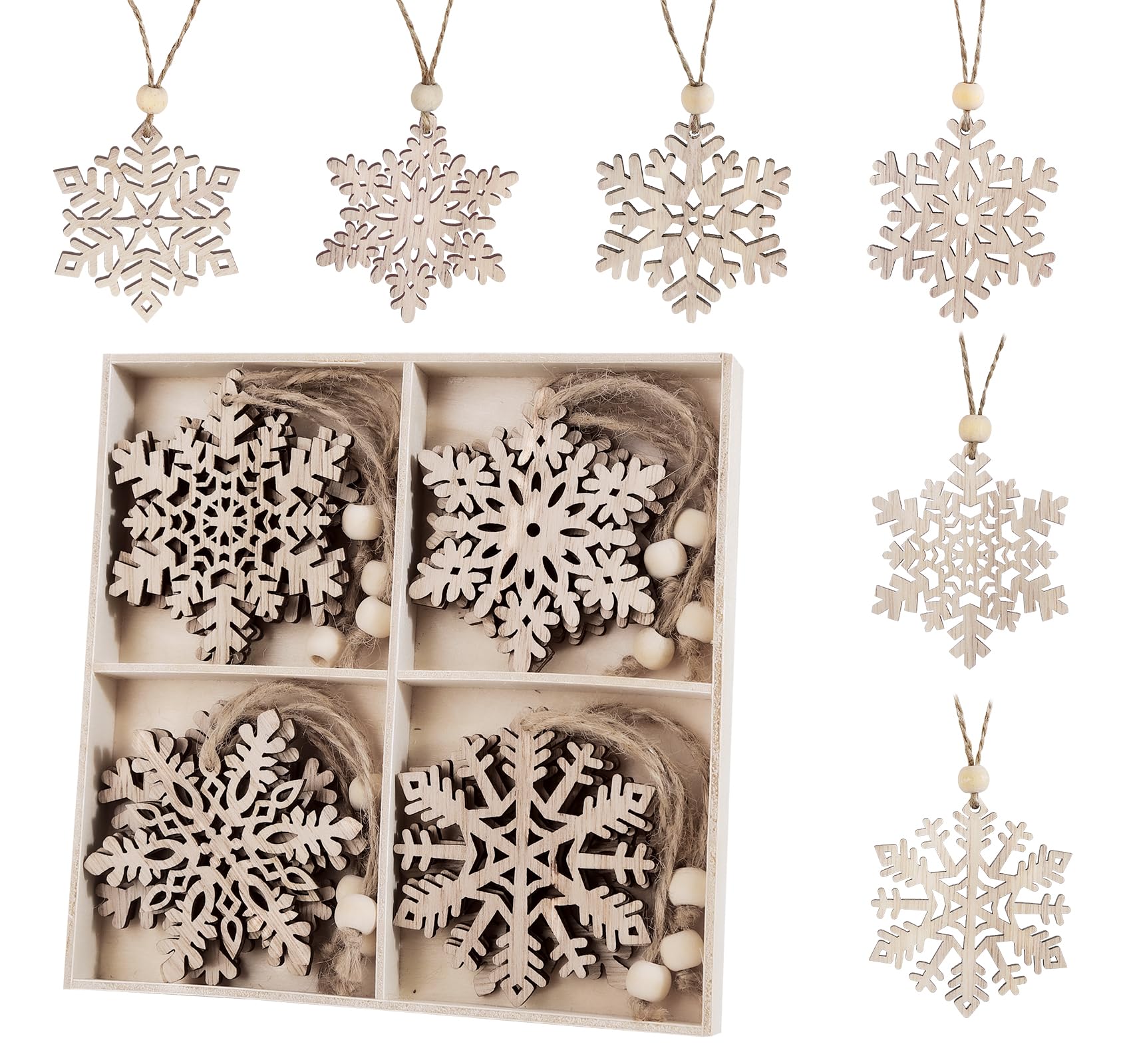 Produktbild von Schneeflocken Ornamente Aus Holz - 30 Stück 10 Designs Christbaumschmuck Schneeflocke Anhänger Zum Aufhängen/Basteln Mit Jute Schnur