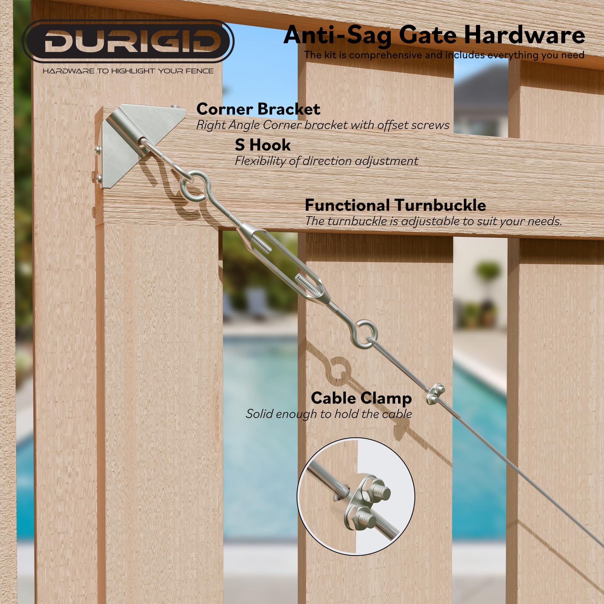DURIGID Anti-Sag Gate Kit – 2-Pack D-Ring Fence Kit With Stainless Steel Cable & Turnbuckle For Wooden Gates, Black