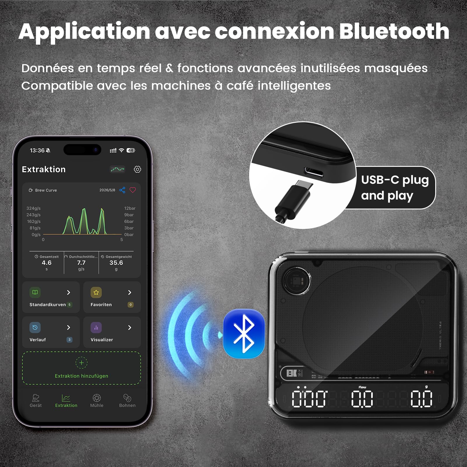 BOOKOO Balance à Café avec Minuterie, Balance Expresso 0,1 g, 2000 g, 4 Modes, Bluetooth avec Application, Suivi du Débit, IP67, Batterie 2000 mAh jusqu’à 72 h, USB-C, pour Expresso & Pour Over, Noire