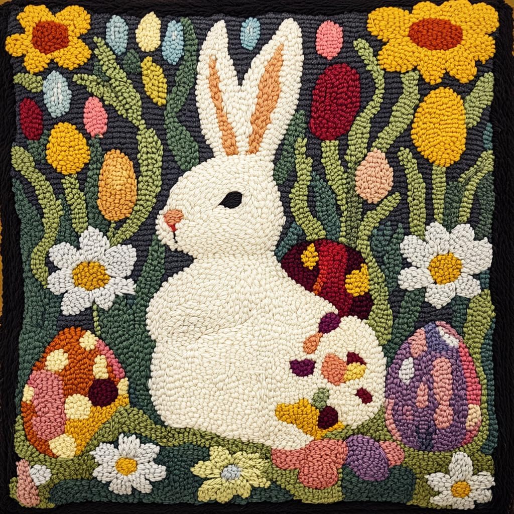 DIY Punch Needle Pillow Kit White Rabbit and Easter Eggs with Pattern and Hoop Handmade Embroidery Punch Needle Starter Pillowcase Set for Home Sofa Decor 43x43cm-1-1