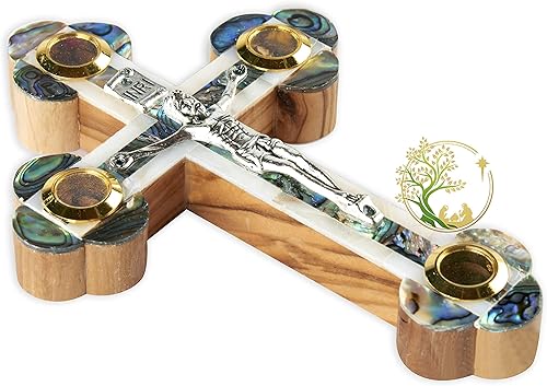 Miniatura 8 de Cruz de madreperla católica de madera de olivo - Crucifijo de pared con reliquias de Tierra Santa