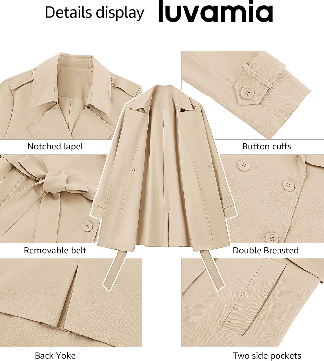 luvamia Trench Coat Women Mid Length Classic Double Breasted Lapel Business Casual Fall Jacket Coats Outerwear with Belt - Image 6