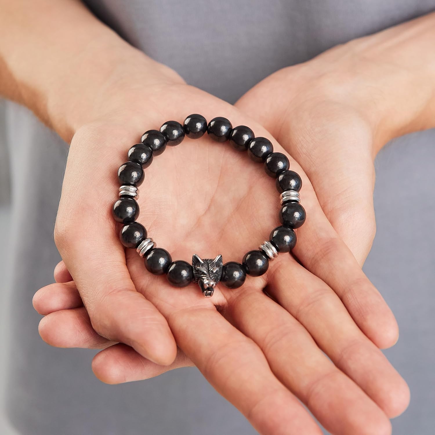 Karelian Heritage Shungite Stone Beaded Bracelet, Handmade for Men, Natural Stones and 7.3 Inch Elastic Stretch Band, Spiritual Chakra Crystal Healing Jewelry