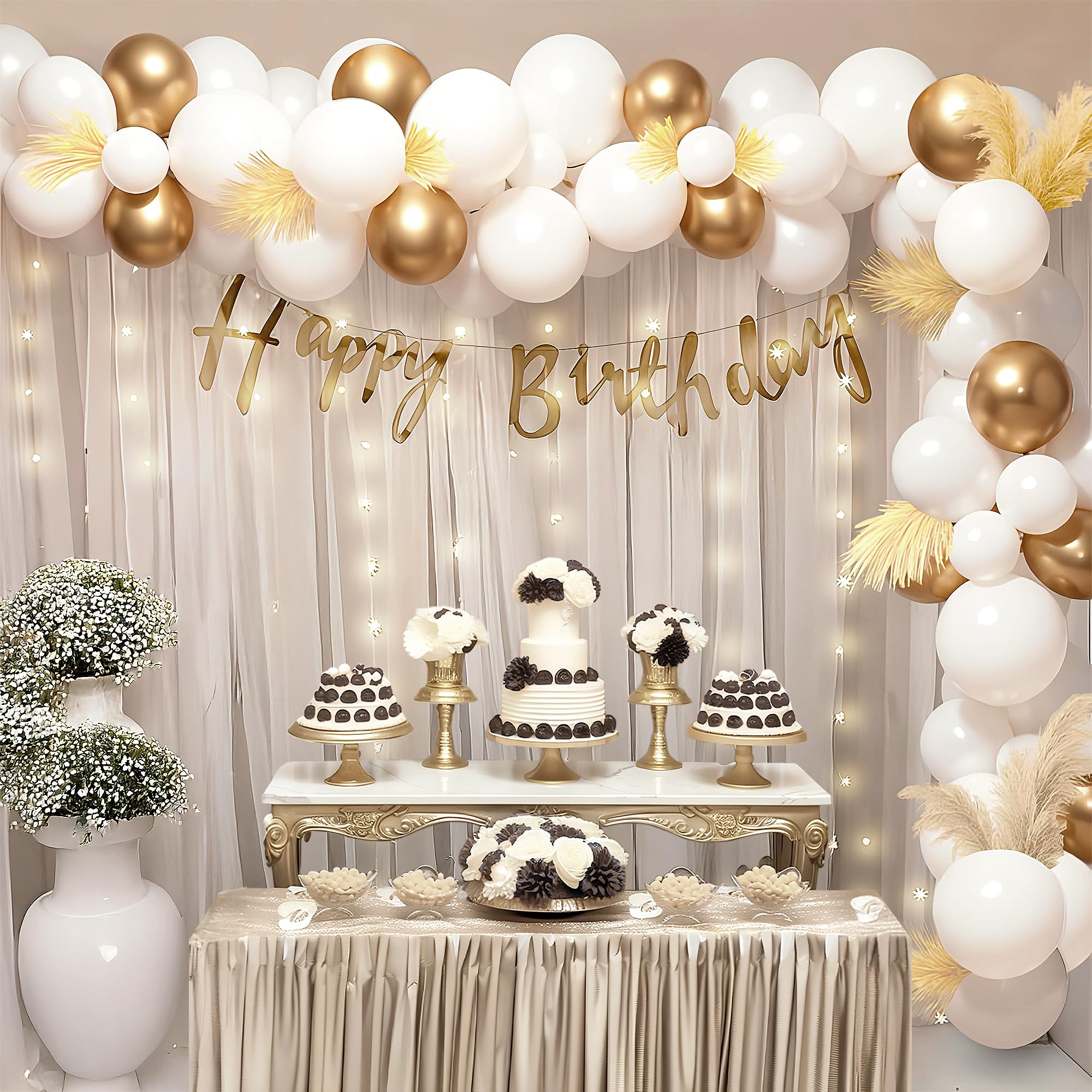 Party Propz Backdrop for Birthday Decoration Kit - Huge 69 Pcs Birthday Backdrop for Decoration, White Net Curtain, Light, Curtain, bday decor, bay decoration for husband (Foil, Latex)