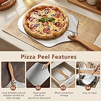 Vista 3 de Juego de Pala y Bandeja para Pizza, 7 Piezas de Accesorios para Horno de Pizza, Pala de Pizza de Metal de 12 Pulgadas (12"x 14") con Mango de Madera
