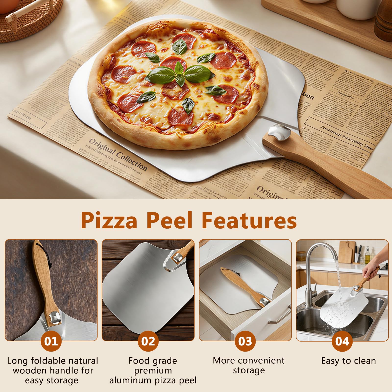 Faltbares Pizzaschaufel und Wippe, 7-teiliges All-in-One-Backzubehör, 30,5 x 35,6 cm, Aluminium-Pizzaschaufel mit Holzgriff, Backhandschuh, Ölpinsel, Küchenhobel, Pizza-Sets