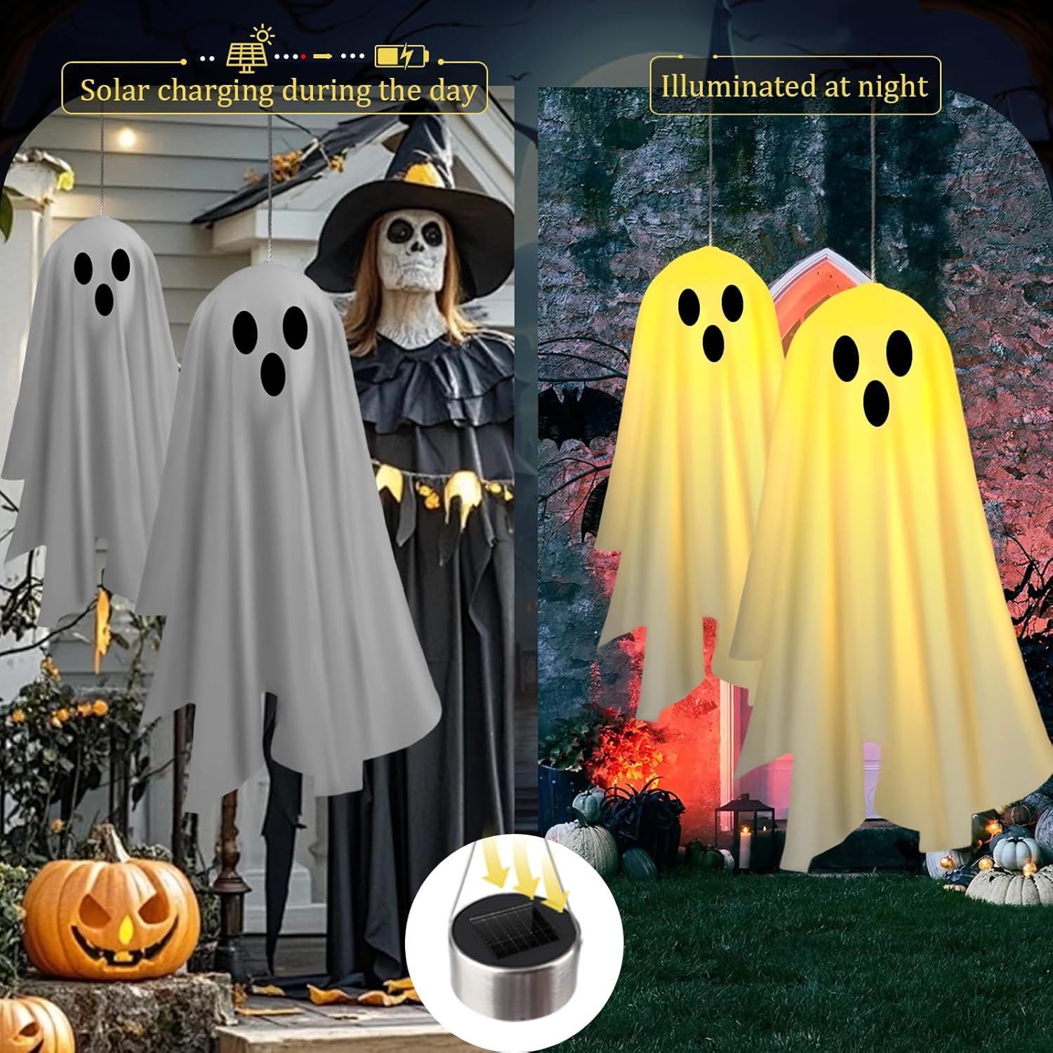 2PACKS Solar Hanging Ghost Lights for Halloween Decorations Outdoor,Light up Spooky Ghosts with Warm Yellow LED Lights,Halloween Floating Light for Yard,Porch,Creepy Party Decor - Image 7