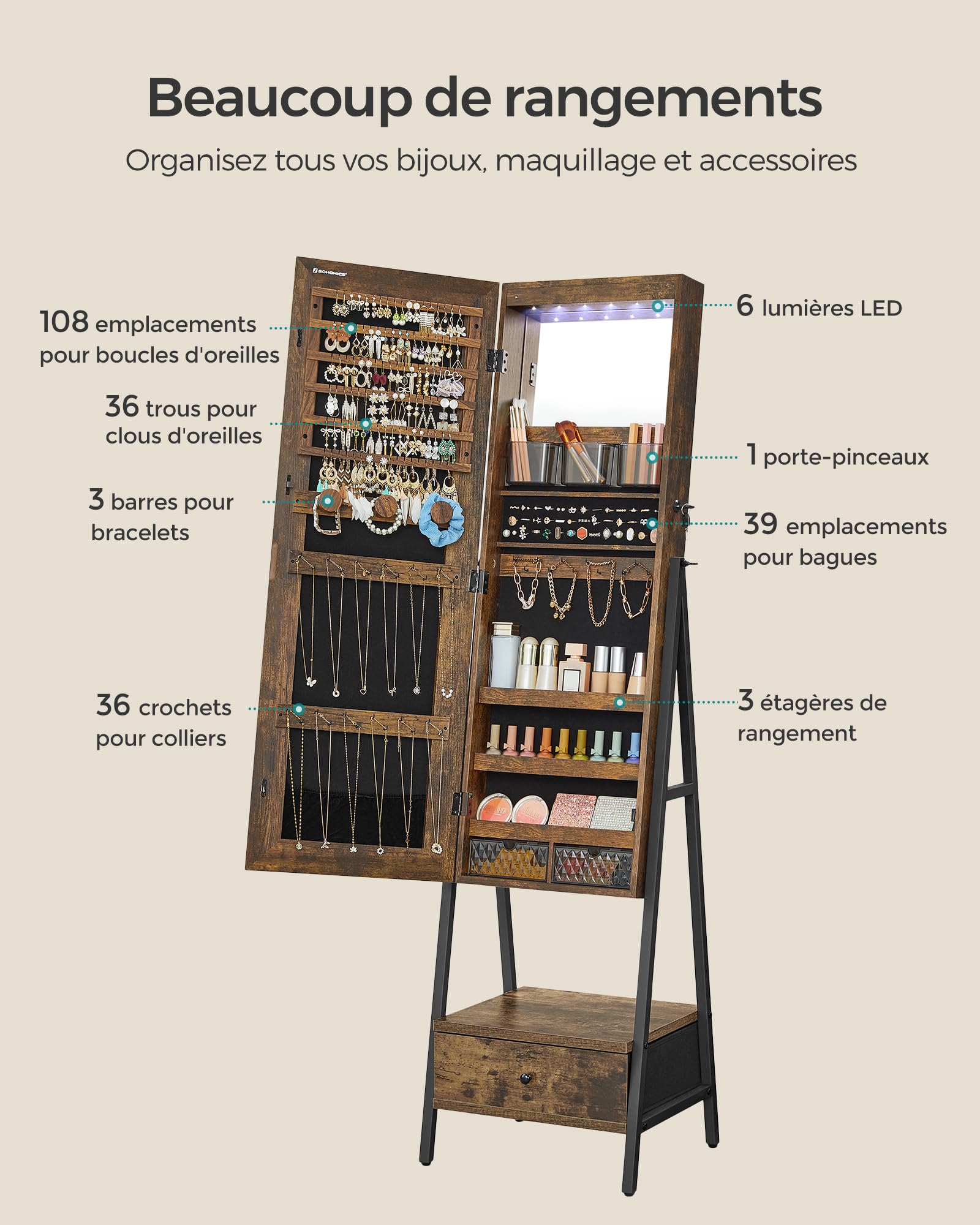 SONGMICS Armoire à bijoux LED sur pied, verrouillable avec miroir pleine longueur, organiseur de bijoux compact avec tiroir et étagère, idée cadeau, marron rustique JJC025X01