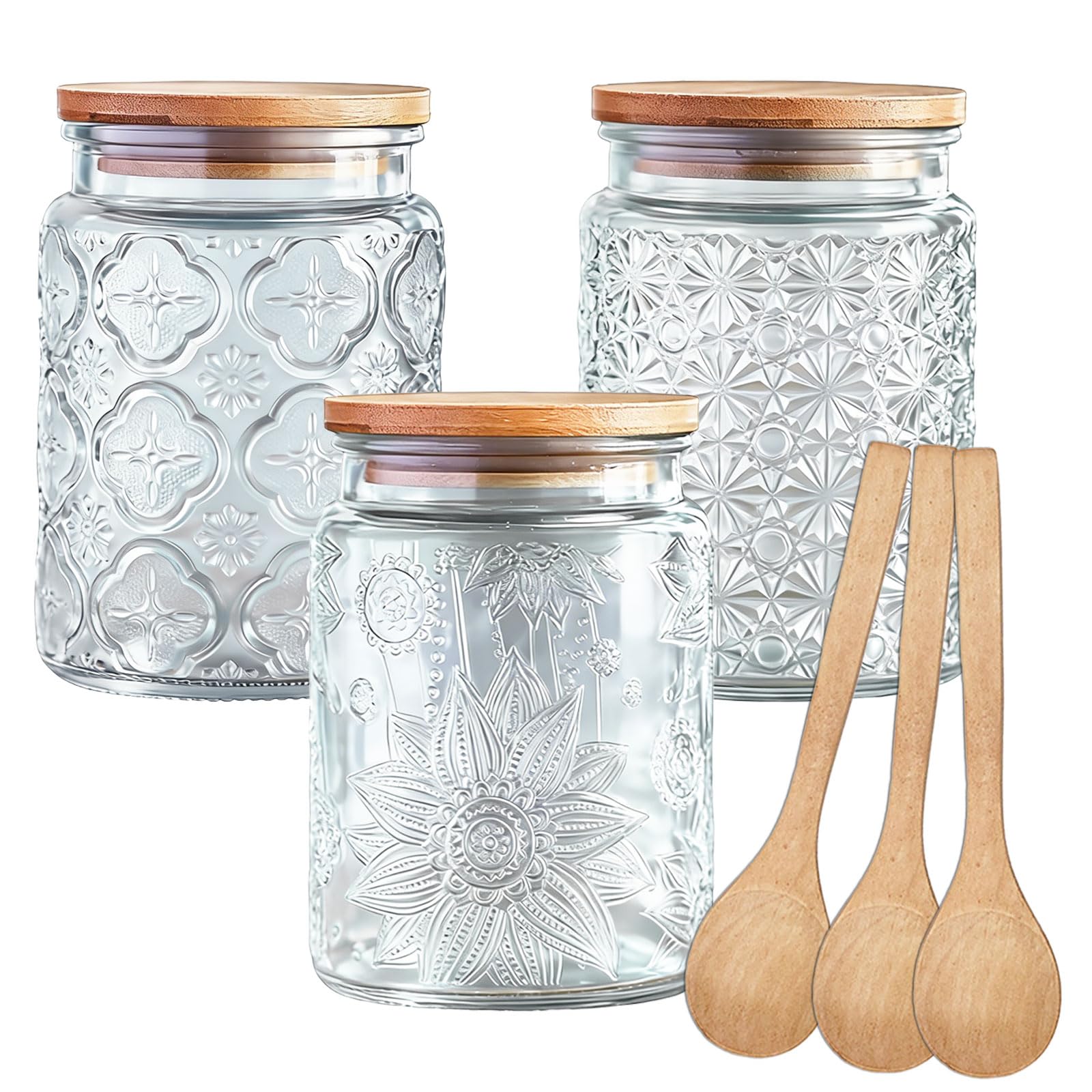 Glass Jars with Bamboo Lids, 3 Pack 700ml Vintage Glass Kitchen Storage Counter Jar with 3 Wooden Spoon, Vintage Canisters for Kitchen Pantry, for Coffee Beans, Tea, Cookie, Sugar (Transparent)