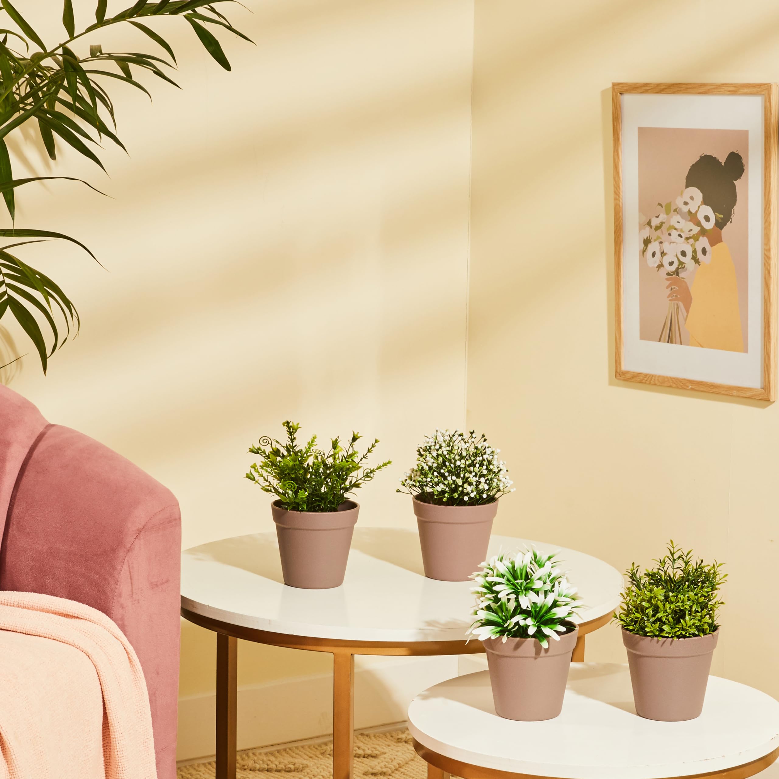amazon basics Artificial Plants with Pot| Realistic Look|Durable Plastic|No Maintenance|Suitable for Various Spaces|Dimensions: 10 cm X 17 cm (Pack of 4), Brown