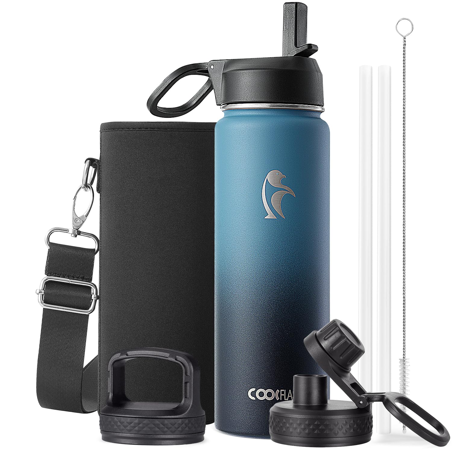 Coolflask Borraccia termica da 590 ml, con cannuccia, in acciaio inox, con 3 coperchi, imboccatura larga, per sport o ufficio, senza BPA, mantiene il freddo fino a 48 ore o caldo fino a 24 ore, colore