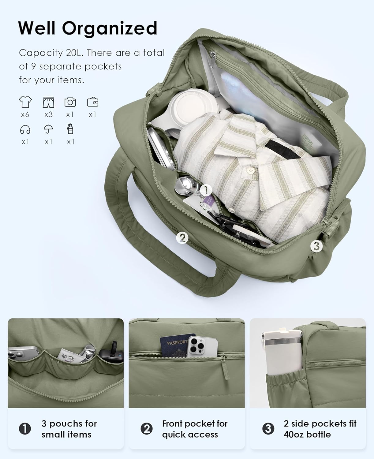 Gym Bag for Women, Travel Duffle Bags with Wet Pocket, Lightweight Carry on Bag Overnight Weekender Duffel Bag, Water Resistant (Sage Green) - Image 3