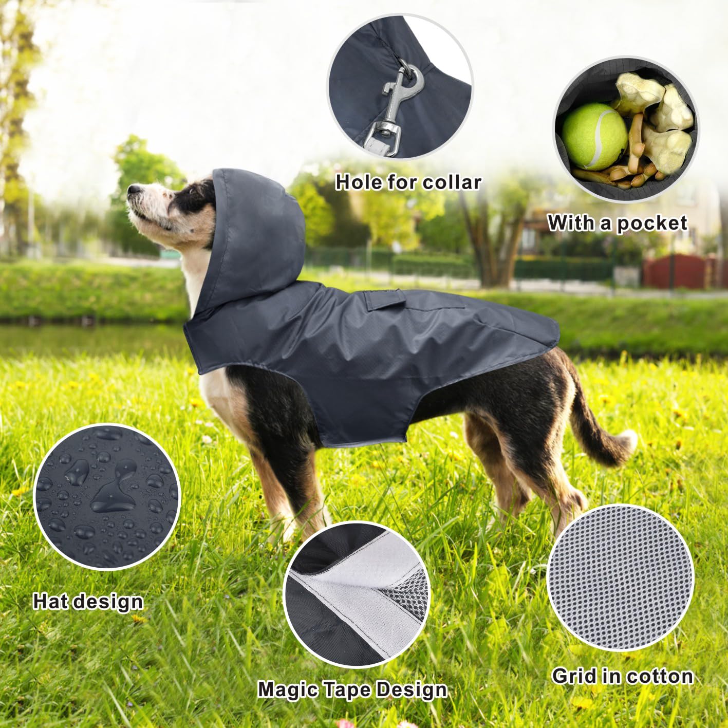 Idepet Manteau imperméable à Capuche pour Chien avec Trou pour Le col, imperméable et réfléchissant pour Chien Taille S, M, L