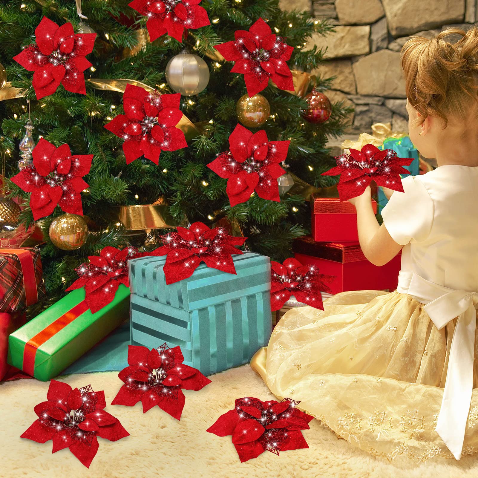 RSTYS Bouquet De Poinsettia Artificiel, 6 Pièces De Tissu De Soie Pour Bouquets De Poinsettia, Plantes De Noël Artificielles Pour Porche, Jardin, Décoration, Intérieur Ou Extérieur