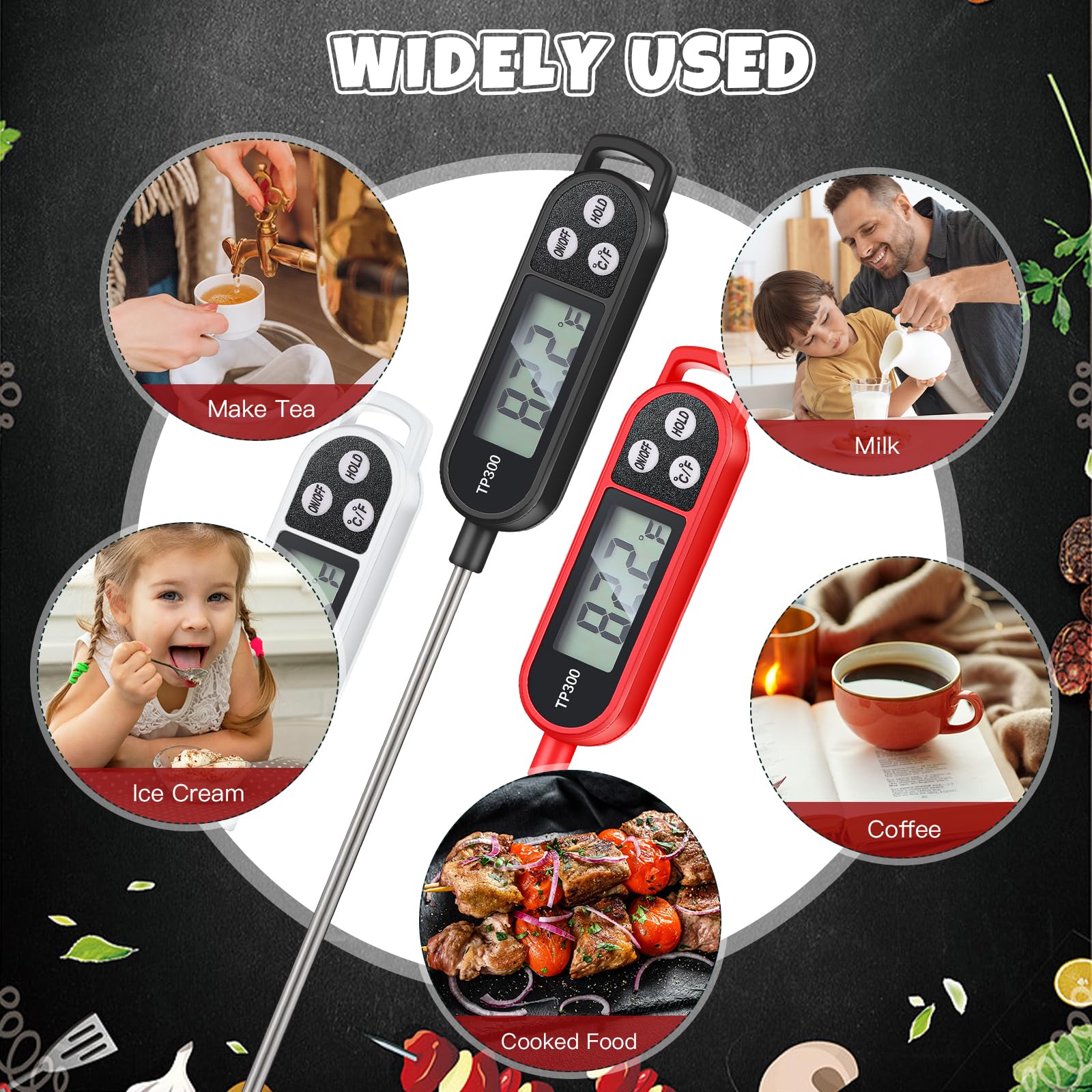 Copkim Termómetro digital para carne y alimentos, 12 piezas, con sonda, agua, líquido, lectura instantánea, suministros de cocina para cocinar, barbacoa, leche, yogur (negro, blanco, rojo)