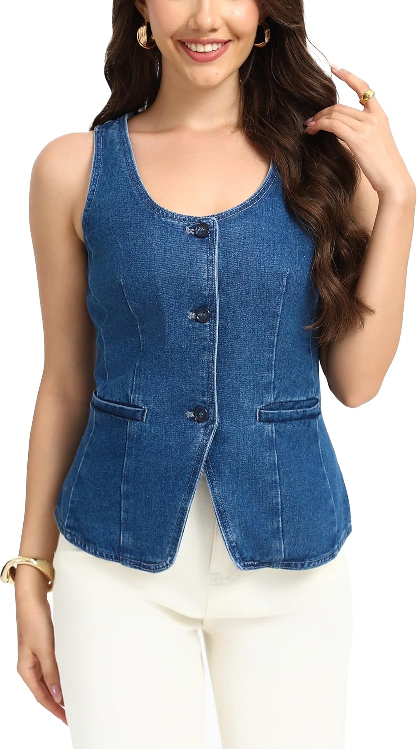 D-Sun Women Sleeveless Denim Vest Button Down Scoop Neck Jean Waistcoat Fashion Front Slit Denim Tank Top with Pockets