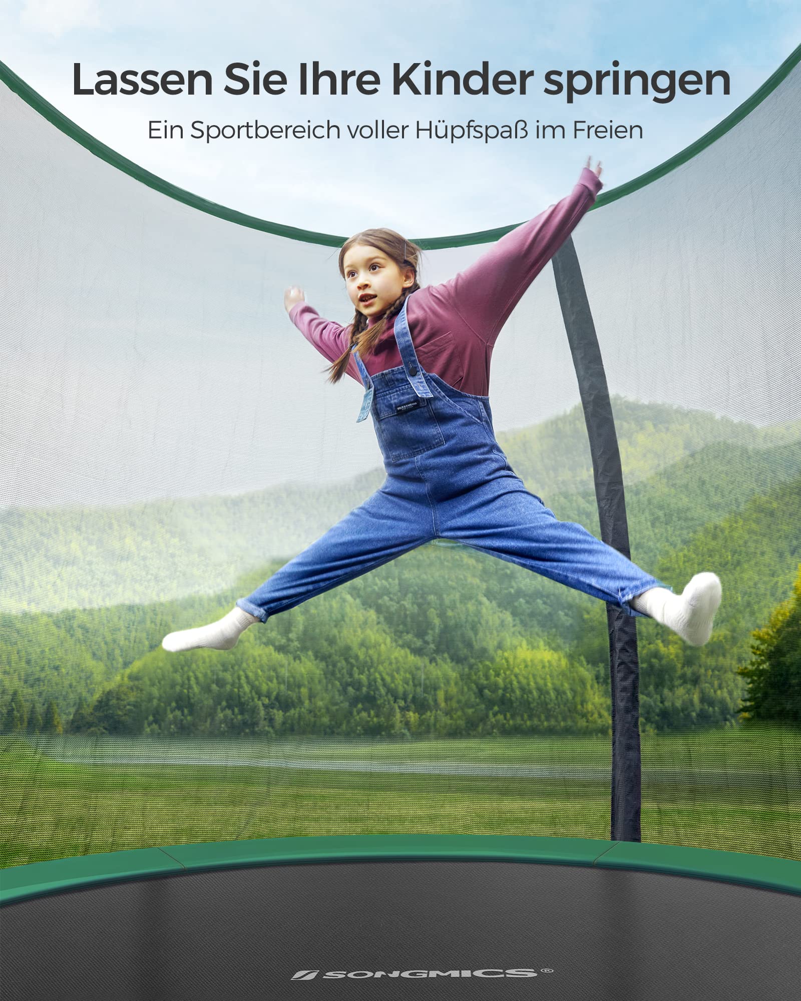 SONGMICS Trampolin Outdoor Ø 244/305/366/427 cm, rundes Gartentrampolin Kindertrampolin mit Sicherheitsnetz, Randabdeckung, Leiter und gepolsterten Stangen