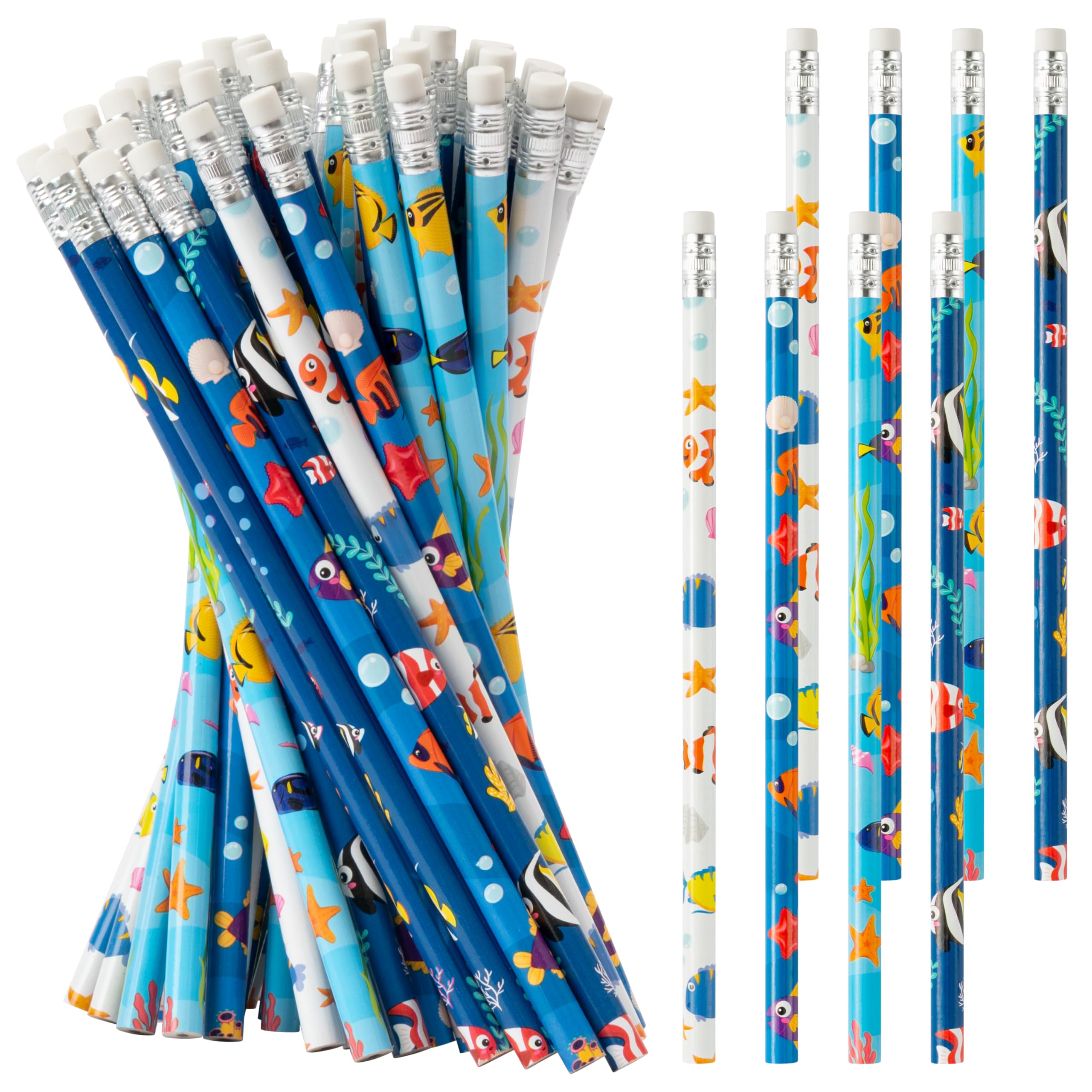 Xqumoi 60Pcs Tropical Fish Pencils with Eraser - Sea Animal #2 HB Pencils, Back to School Classroom Student Rewards, School Office Supply Bulk, Party