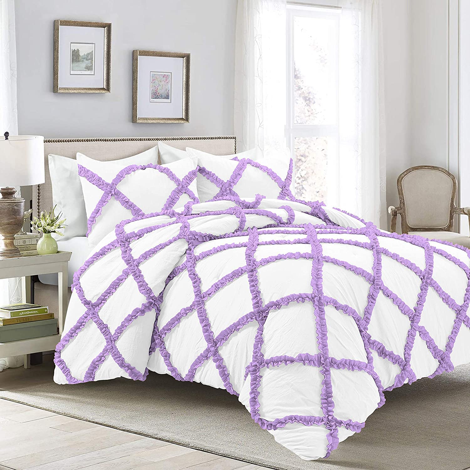 2 Color Diamond Ruffle Duvet/Rajai/Quilt Cover Set- 100% Cotton & Zipper Closure Duvet Cover with 2 Pillow Cover- 300 TC Duvet Cover Set-King Size, White/Lavender Solid-image-9