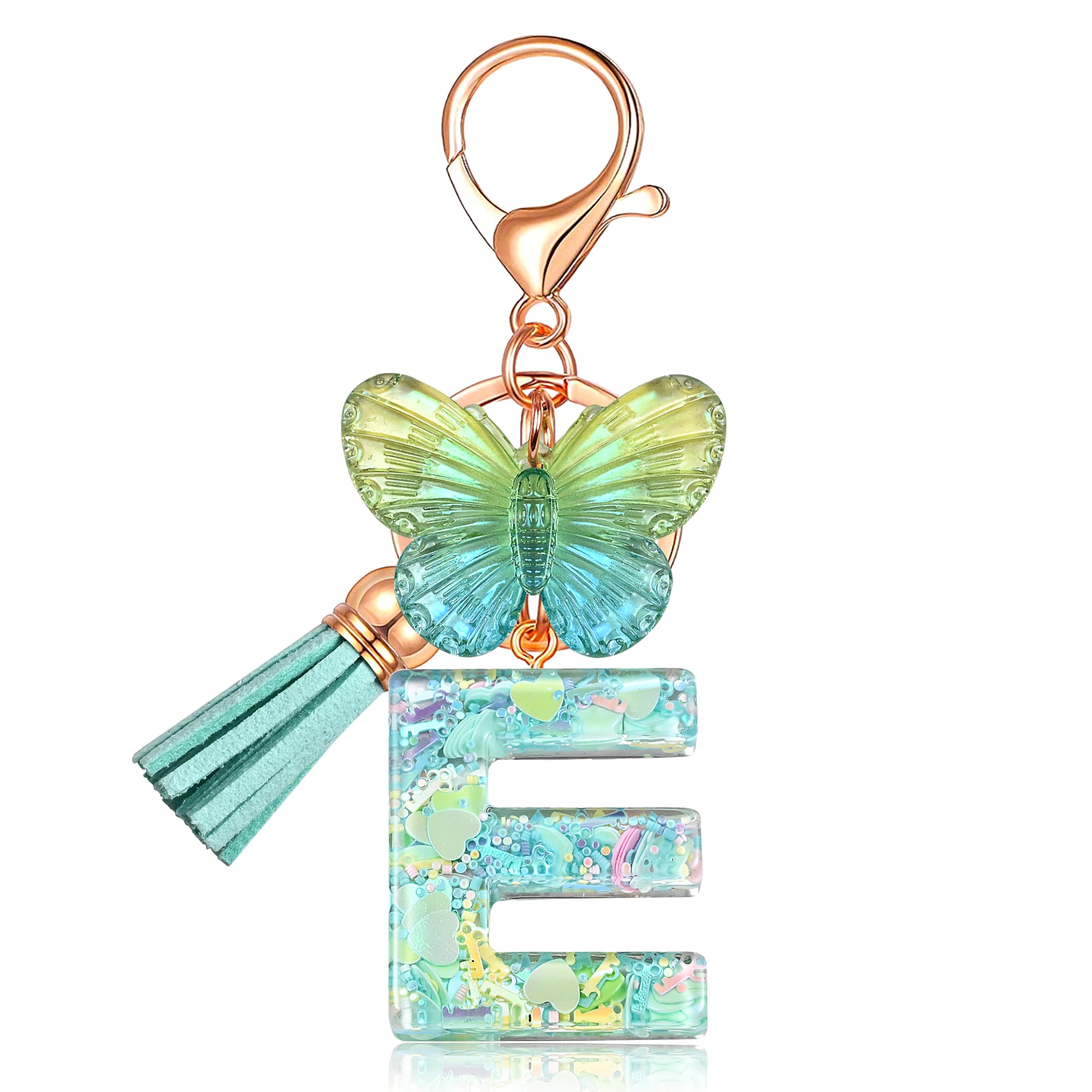 JINGUAZIInitial letter Keychains for Women Tassel Butterfly Pink Purple Cute Car Keychain for Wallet Backpack bag charm