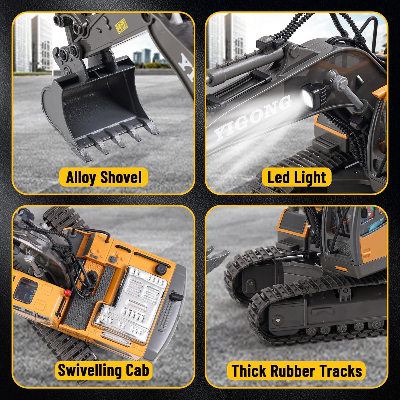 Télécommande Excavateur Jouets pour Enfants,Rechargeable RC Pelleteuse avec Pelle Métallique,Véhicules de Construction,Excavatrice Rotation de 680,Jouet Digger pour 100Mins/Sons/Lumière