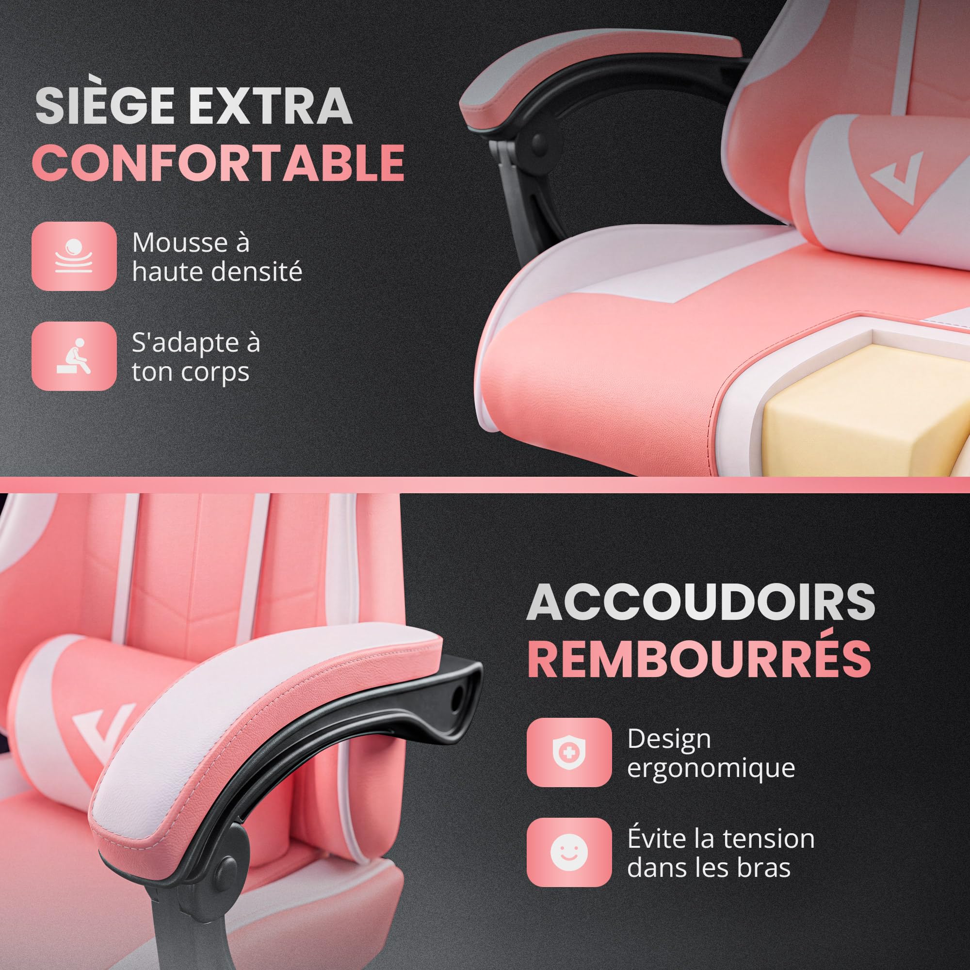 JUPPLIES Chaise Gaming Ergonomique Coussin Massage Lombaire | Fauteuil Gaming Réglable en Hauteur et Inclinable 135° | Chaise Bureau Ergonomique avec Coussin Cervical (Rose, sans Repose-Pieds)