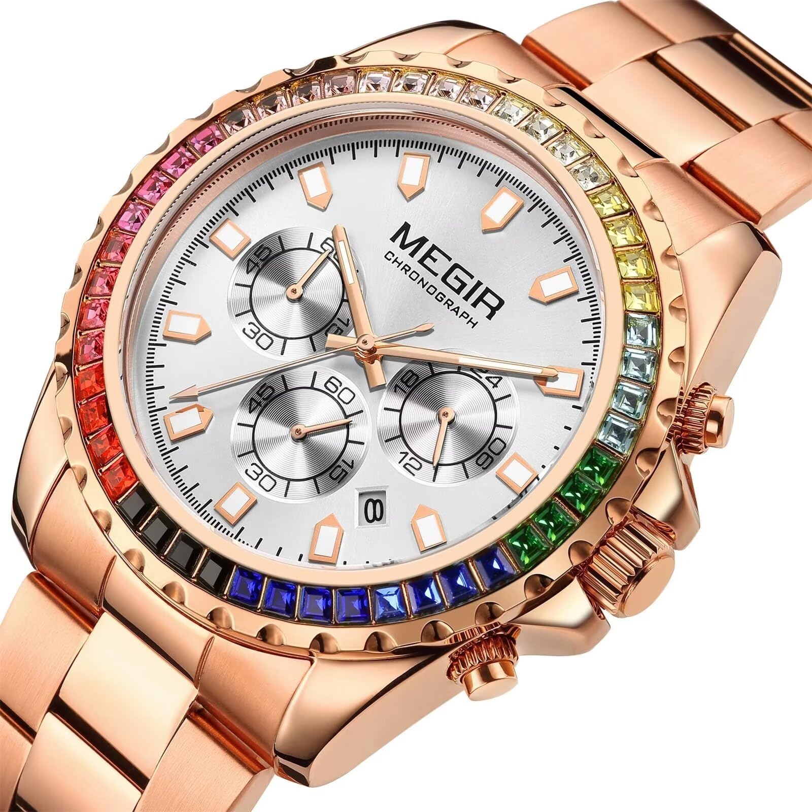 FORSINING Reloj analógico de cuarzo para hombre, esfera de diamante de color de lujo, cronógrafo, casual, reloj de pulsera de acero inoxidable, vestido de negocios, resistente al agua