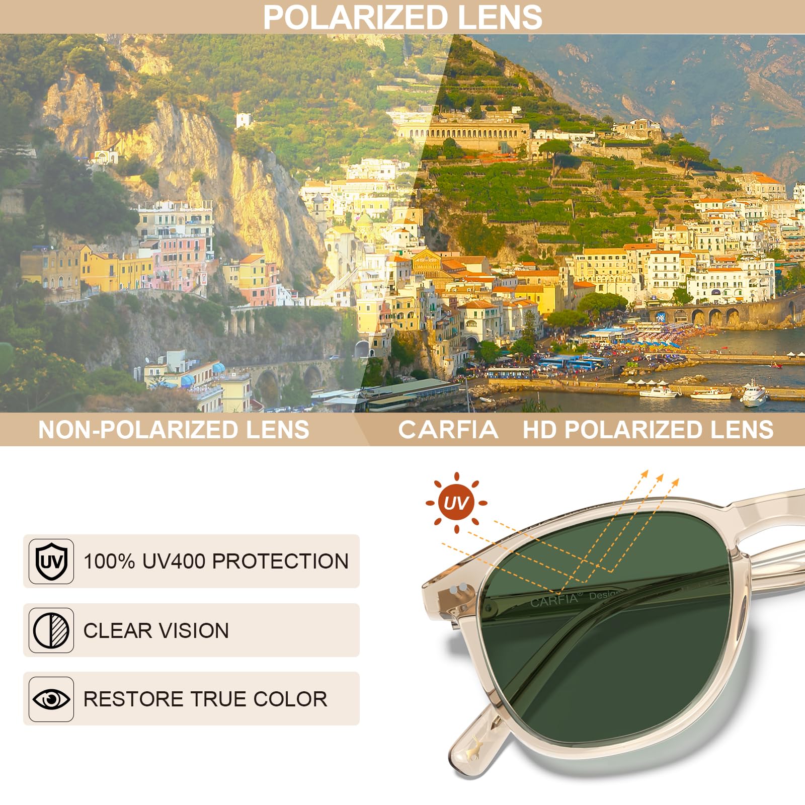 Carfia Occhiali da sole polarizzati da uomo classici quadrati stile street | 100% protezione UV400 occhiali ideali per la guida e la pesca