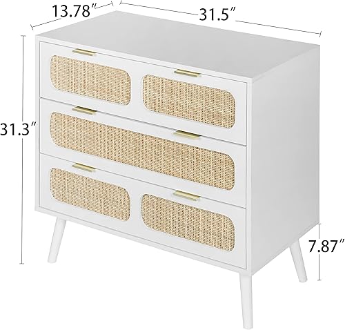 Miniatura 2 de QEIUZON Cómoda de 3 cajones, cómoda moderna de ratán con cajones anchos y asas de metal, cómoda de almacenamiento de madera de granja para