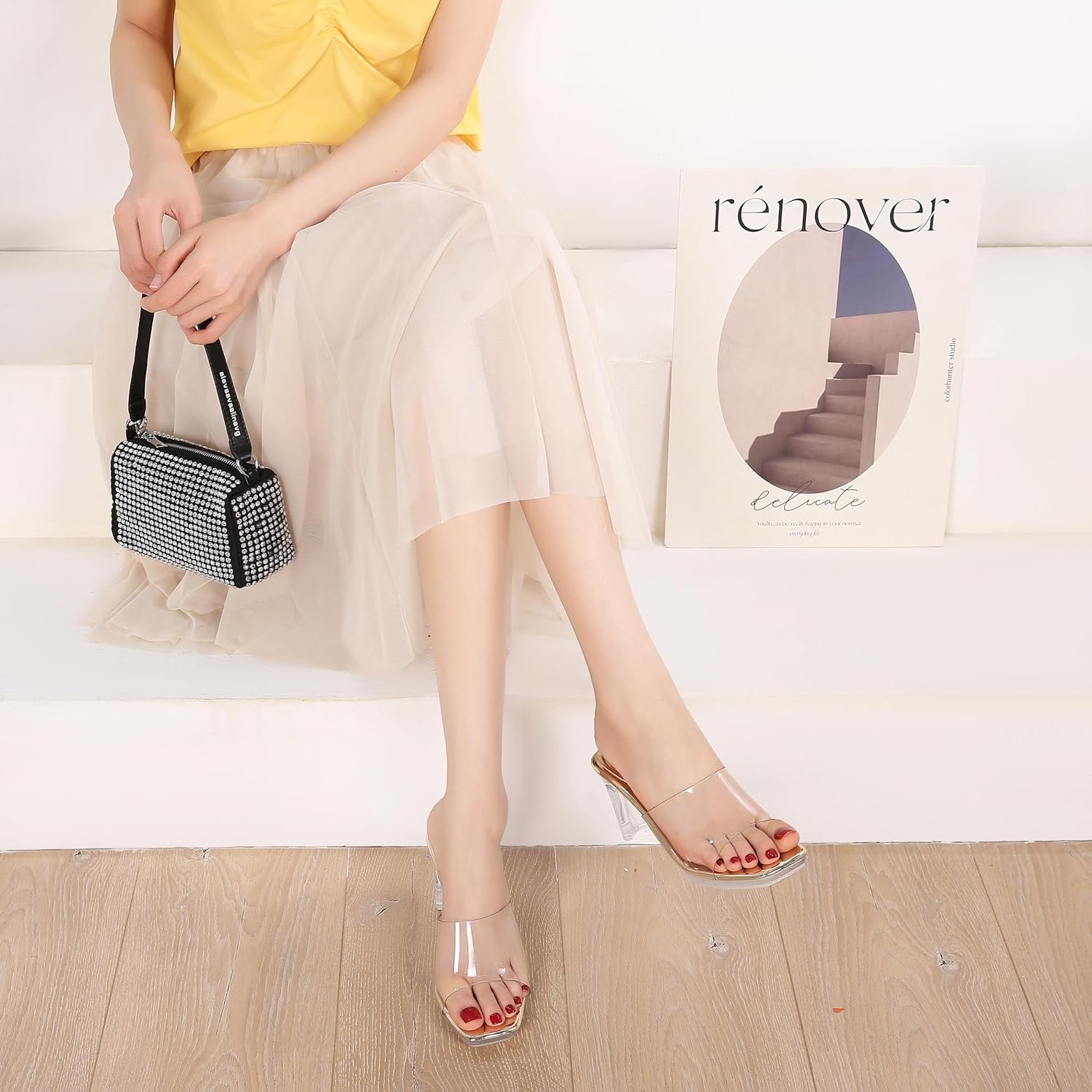 NBUUNBU Chunky Heels for Women Clear Platform Heels Sexy Block High Heels Sandals Square Toe Open Toe Transparent Strap Comfortable Dress Shoes Slip on Mules - Image 3