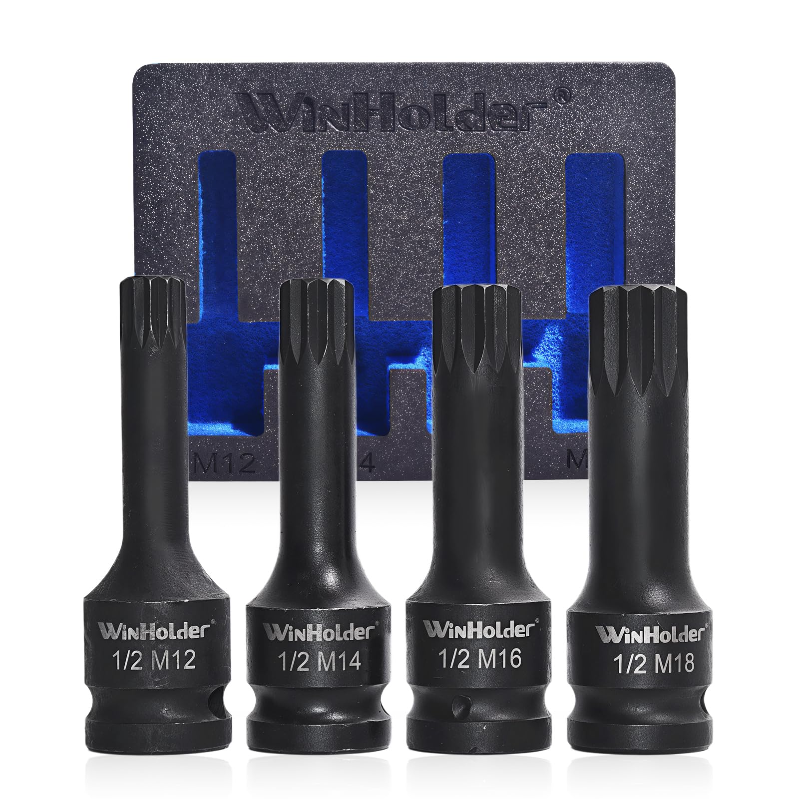 WinHolder 4Pack Tools Spline Bit Deep Impact Socket Set 1/2" DR M12 M14 M16 M18 Fit for VW/Audi Universal Cars in EVA Storage