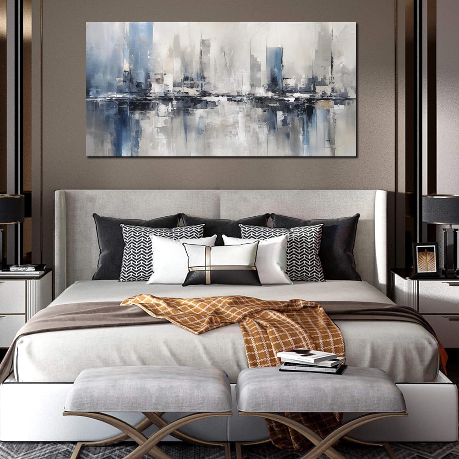 Large Abstract Wall Art for Living Room Canvas Wall Art Blue White and Grey Pictures Wall Art for Living Room Bedroom Office Bathroom Kitchen Modern Canvas Artwork Decor Minimalist Artwork 29"x 58"