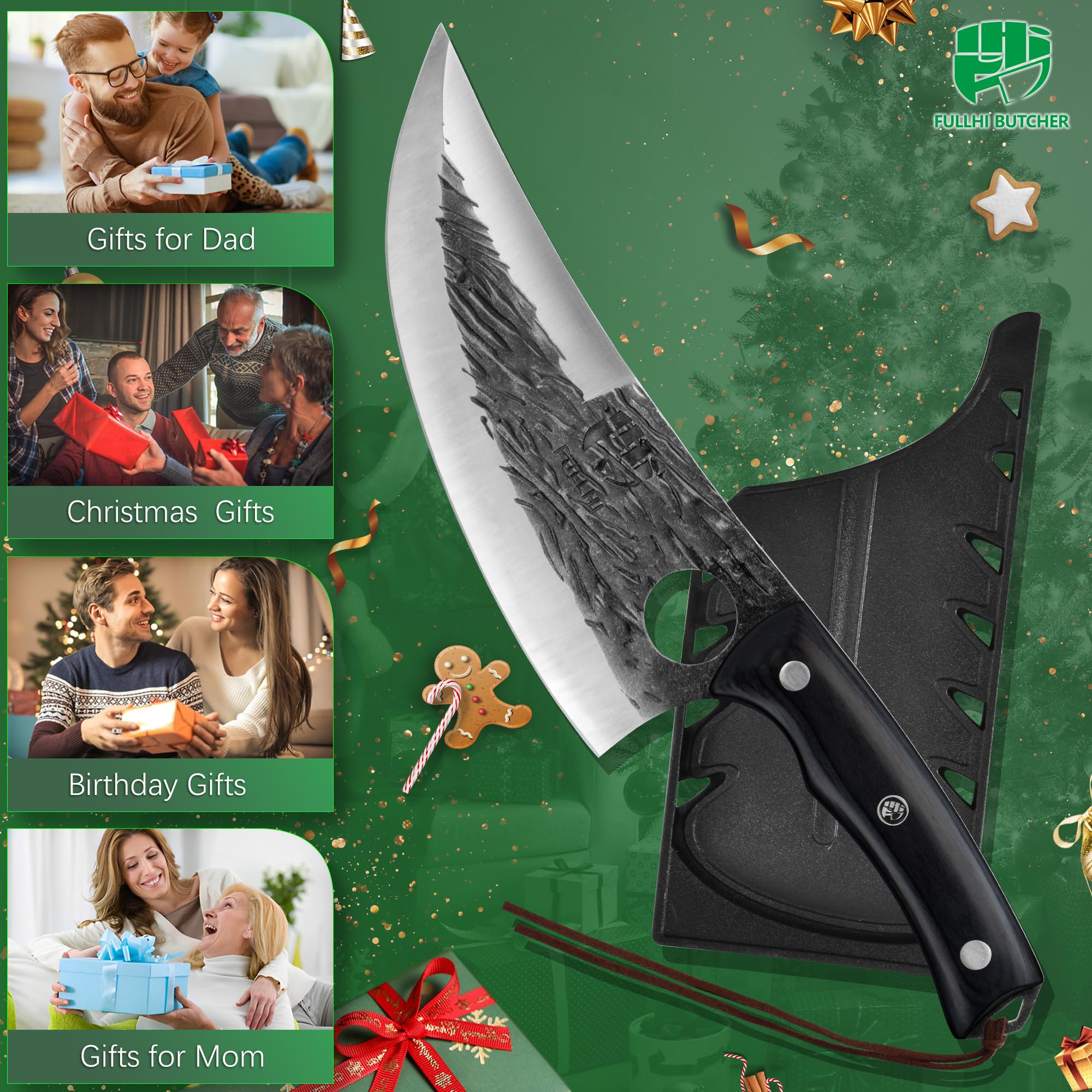 FULLHI Cuchillo de carnicero con funda, cuchillo de chef Tang serbio, cuchillo para verduras con cuchilla de acero al carbono para