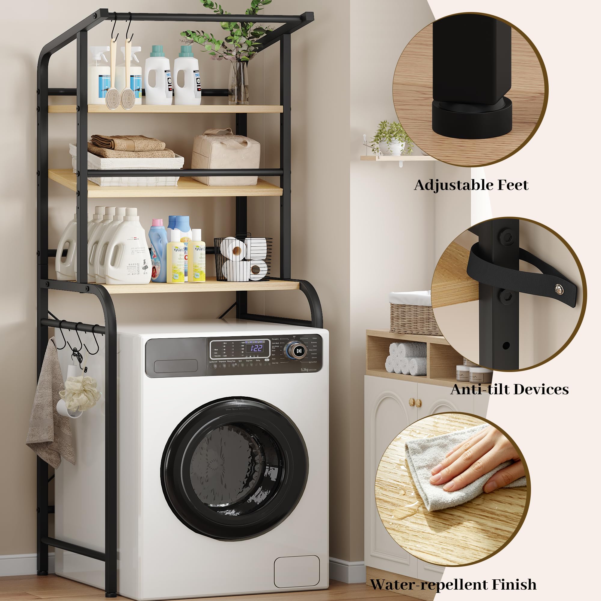 Feonase Waschmaschinenregal,Toilettenregal mit 3 Verstellbarer Ablage,Handtuchhalter,Waschmaschinenschrank für Badezimmer, Küche, Balkon,67x46x168cm (Schwarz)