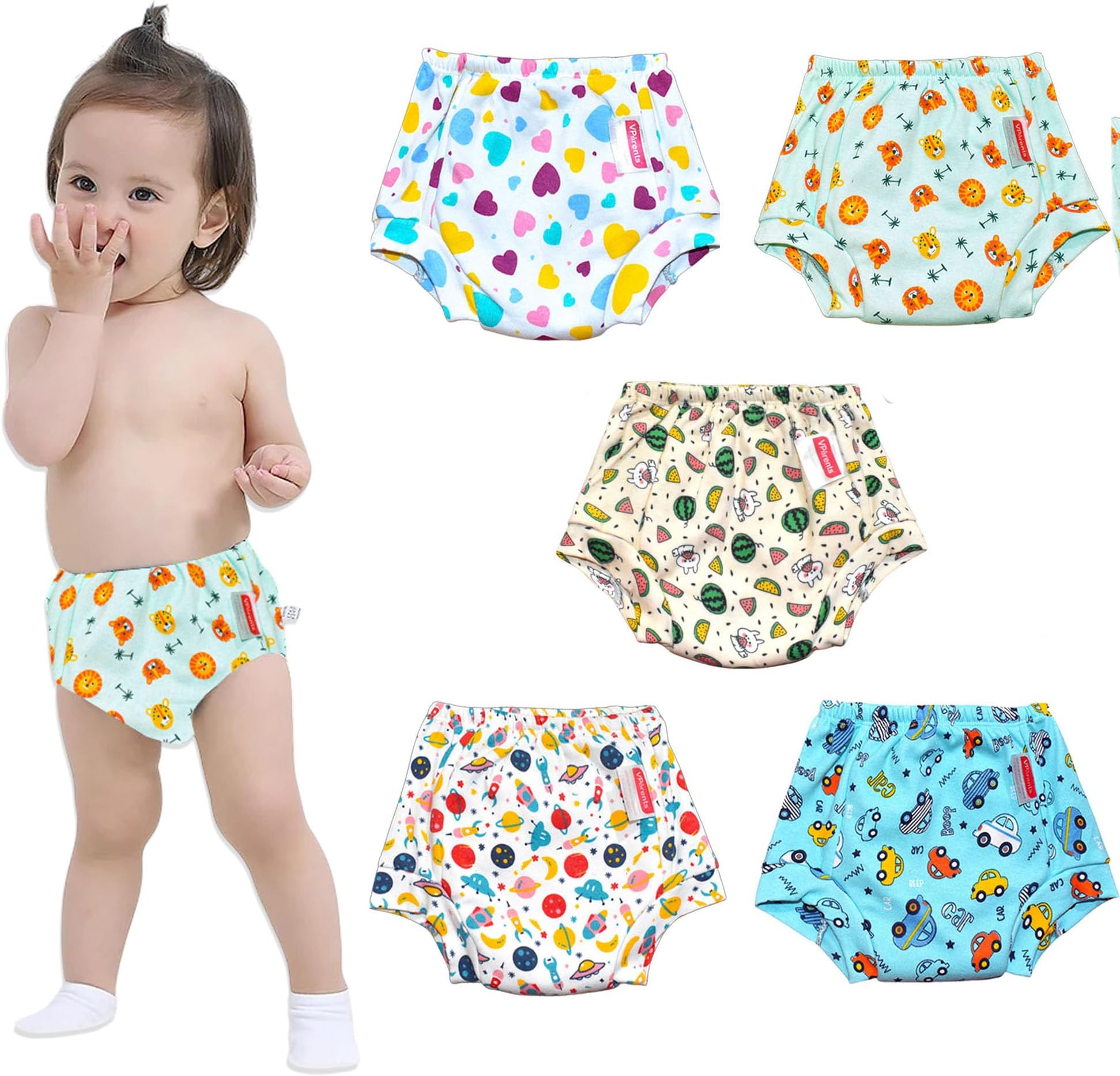 VParents Padded Underwear for Babies and Toddlers with 3 Layers of Cotton Padding Potty Training Pull Up & Diaper-Free Time Pack of 5(2-3 years) Lion car Heart galaxy Watermelon, 1 count