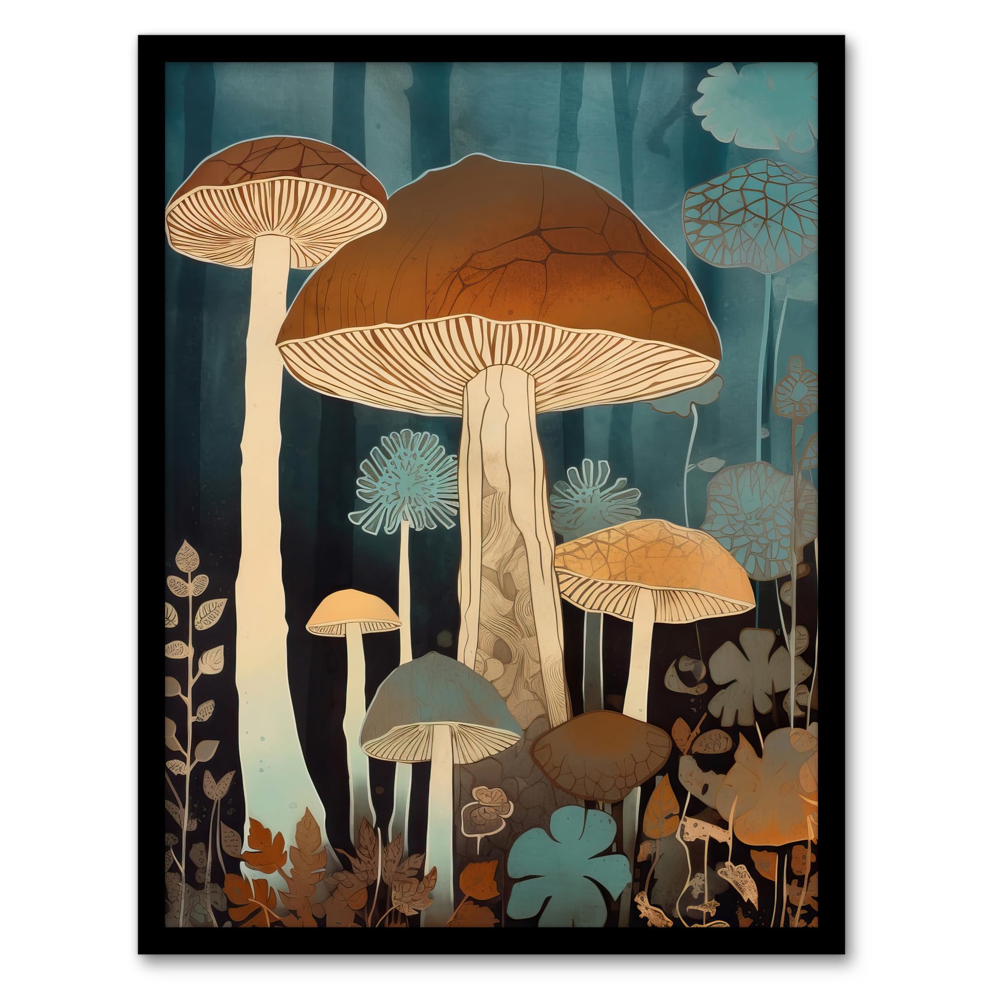 A4 Framed Wall Art Print - Blue Brown Mushroom Artwork - Earthy Aesthetic Modern Art