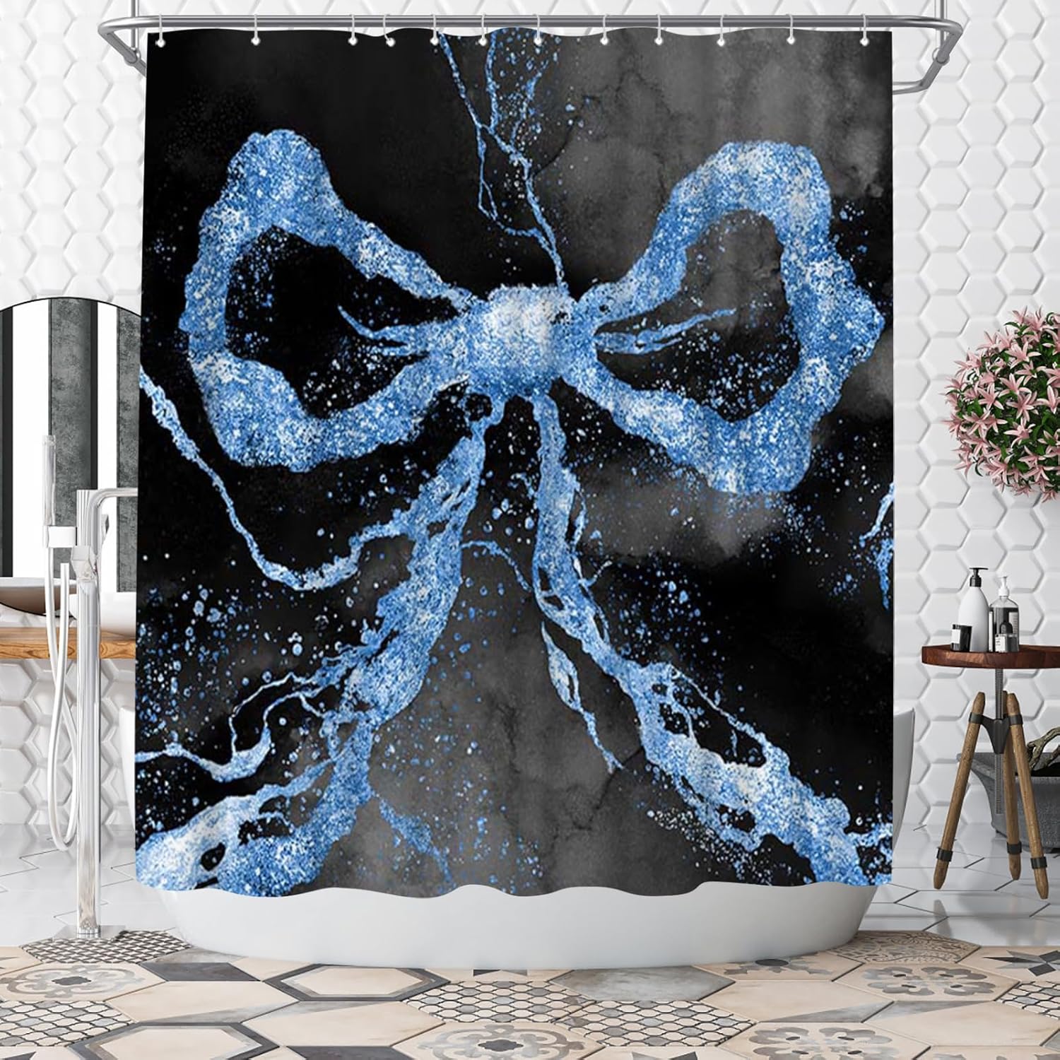 WELMECO Black Shower Curtain Marble Texture Printed Bow Shower Curtain 72"x72"Bathroom Decor, Machine Washable Polyester Fabric with 12 Hooks (Blue)