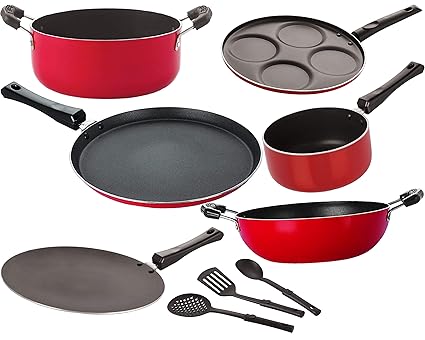 NIRLON Non-Stick Aluminium Standard Cookware Set, 9-Piece, Red & Black [26_CT_KD12_SPM_FT10_Cass20_UP4_3SPN]