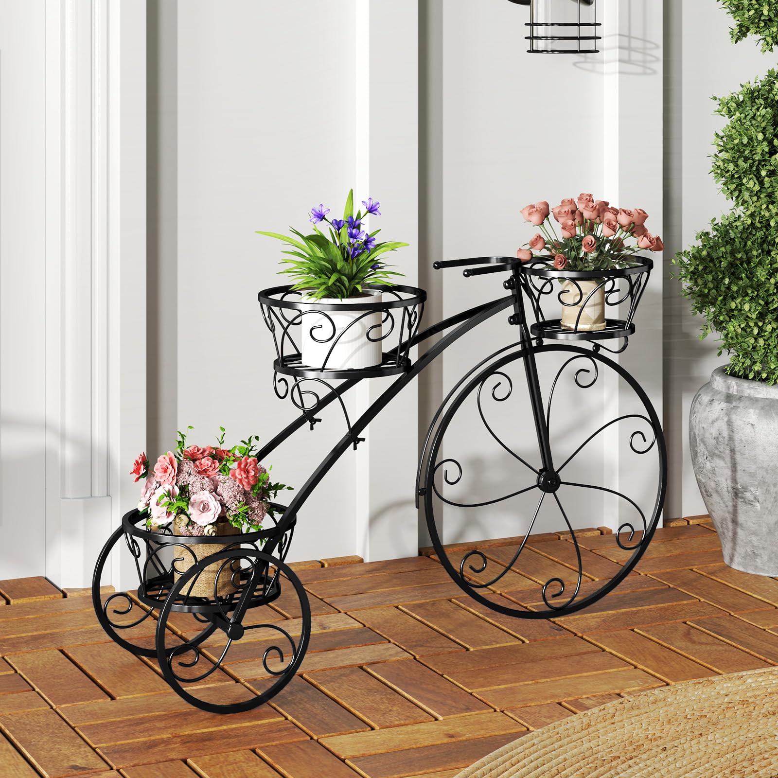 HOMASIS Support de Fleurs en Forme de Vélo, Échelle de Plantes en Métal avec 3 Niveaux, Jardinière pour Plantes, Style Vintage pour Jardin, Balcon, Bureau, Étagèrer, 85 x 25 x 50 cm, Noir