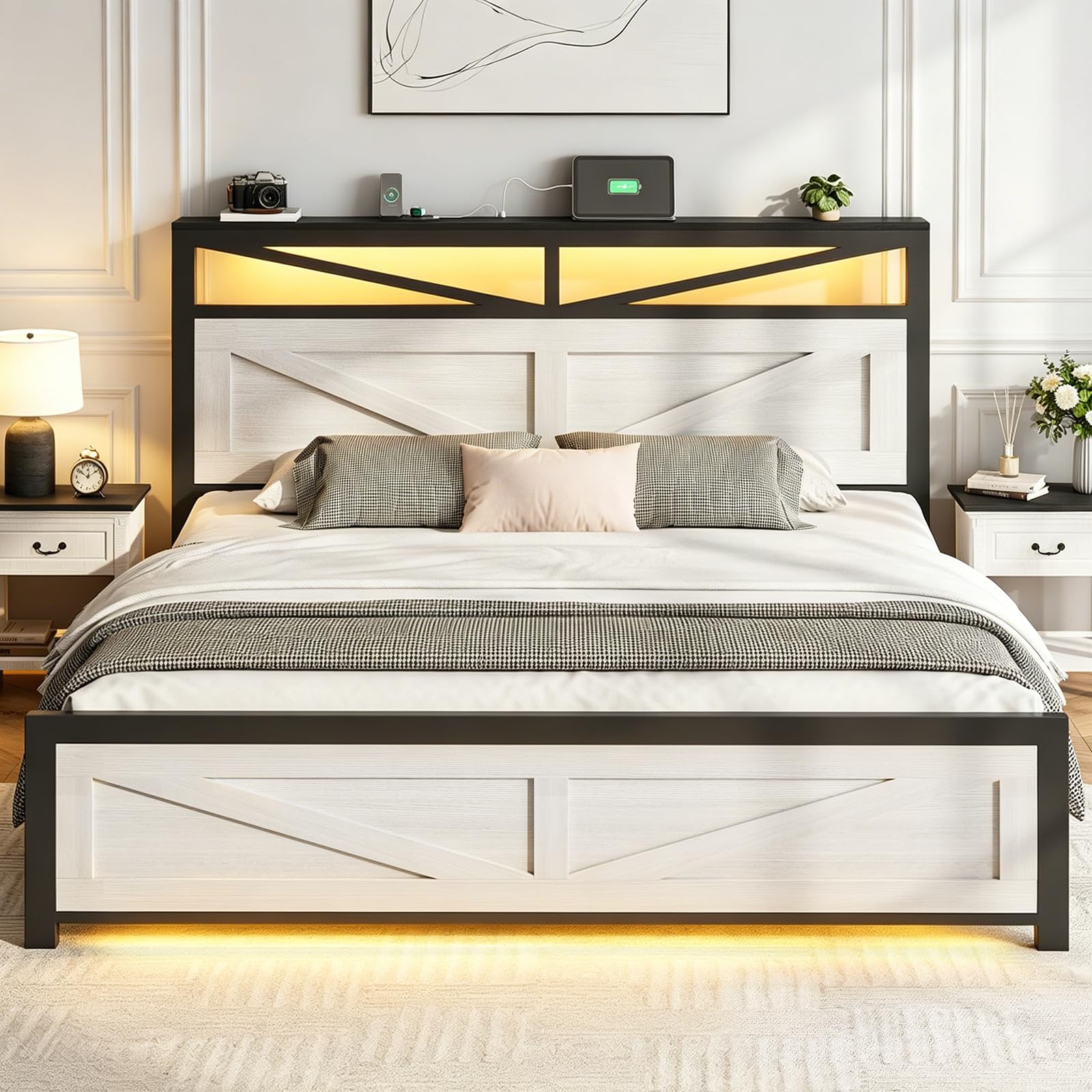 PROZENBDING Double Bed Frame with Storage and Led Lights, Bed Frame with USB+Type C, Sturdy Metal Slat Bed Platform and Under Bed Storage, No Box Spring Needed, Noise-Free, 135x190cm White