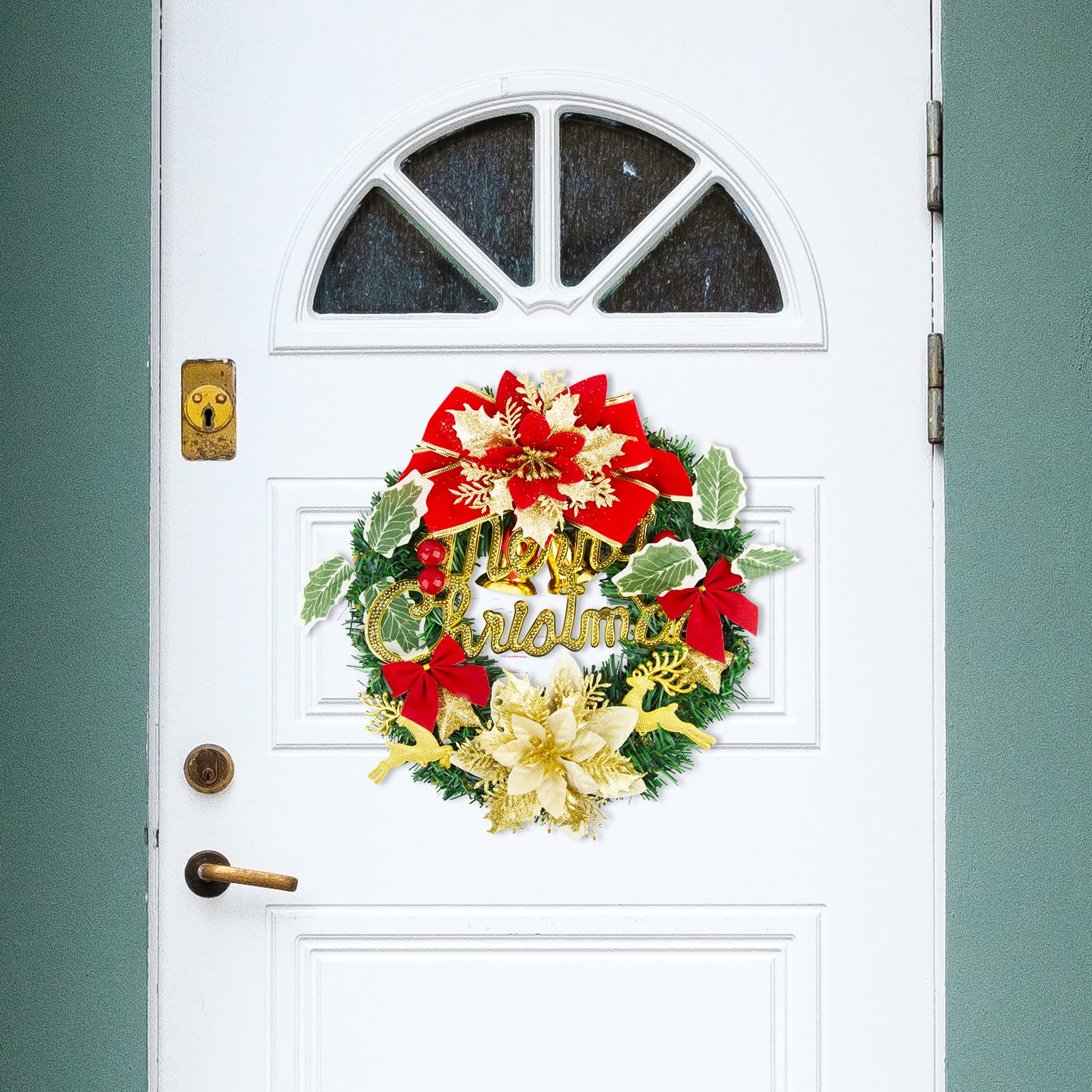 Corona de Navidad para Puertas Corona Navideña Adorno Decorativa con Feliz Navidad Flor Pascua Campana Lazo Decoración para Colgar de Puerta Pared Hogar de Navidad 30cm