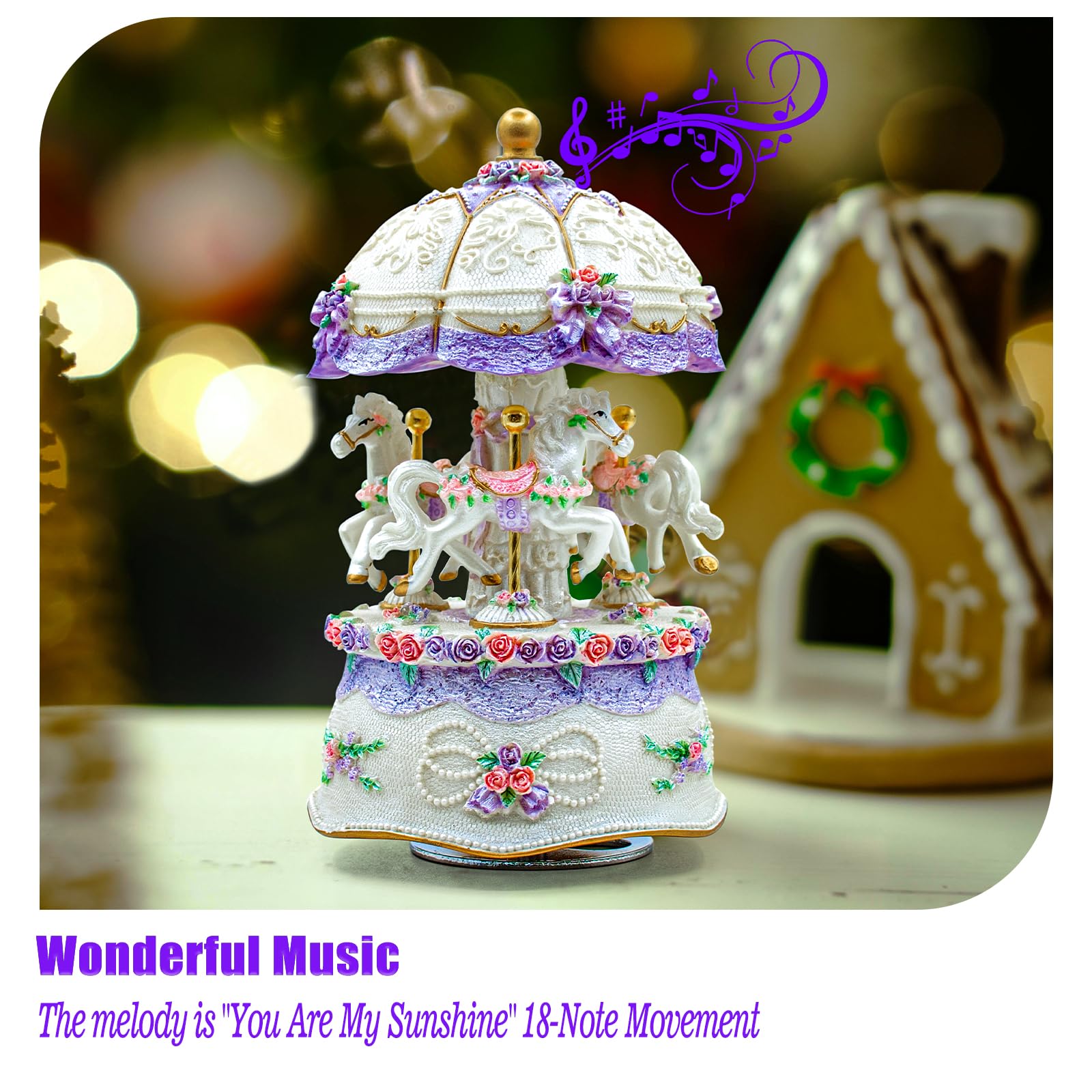 Carousel Music Box,Luce LED cambia colore di lusso,Luminoso rotante 3 cavalli | Carillon luminoso con scatola regalo, per ragazze, regalo di compleanno e San Valentino (You are My Sunshine, viola)