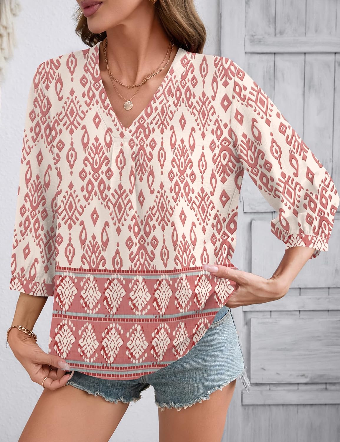 LOMON Womens 3/4 Sleeve V Neck Boho Peasant Blouses Dressy Casual Breathable Soft Tunic Tops with Button Cuffs - Image 3