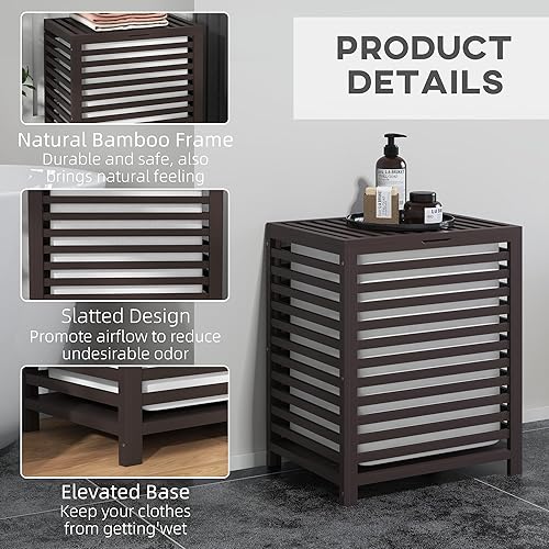 Miniatura 5 de HOMCOM Cesta de lavandería de bambú con tapa, cesta de lavandería con bolsa de forro extraíble, cesta de ropa sucia, 19.75 x 14.25 x 23.5 pulgadas,
