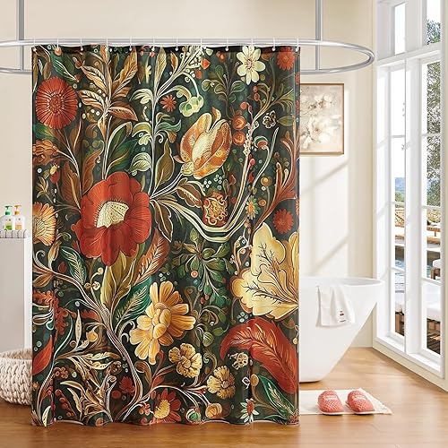 Cortina de ducha bohemia floral de celebración de la naturaleza, 72 x 72 pulgadas, patrón de vid floral, paleta rojo oscuro, verde y naranja,