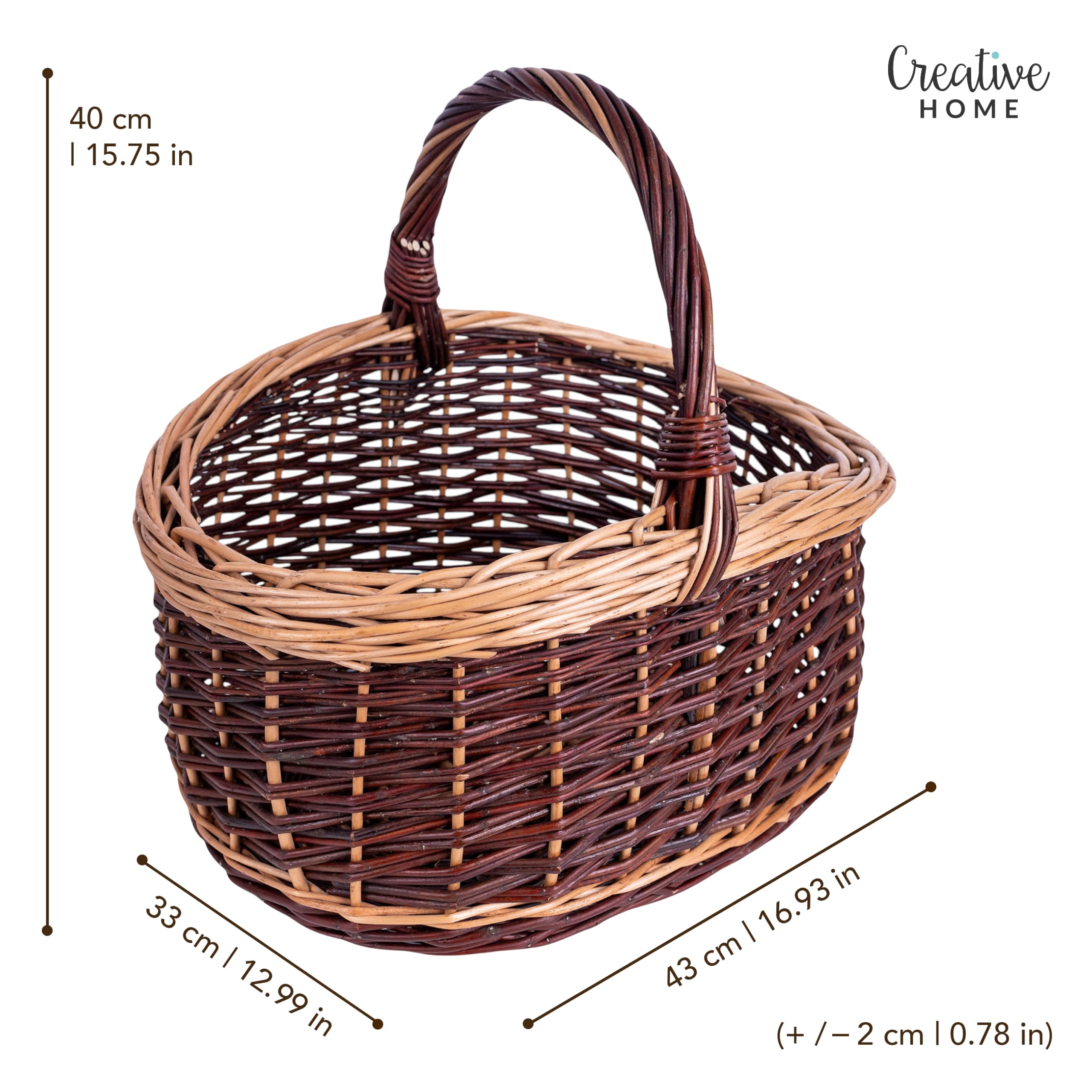 Creative Home Cesta de Mimbre Grande con Asa y Trenza Picnic 43x33x40cm | (+/-1cm) | Ligera | para Setas Compra Regalo Plantas Decoración | Tejida a Mano | Mimbre Claro y Oscuro | Multiuso y Práctica
