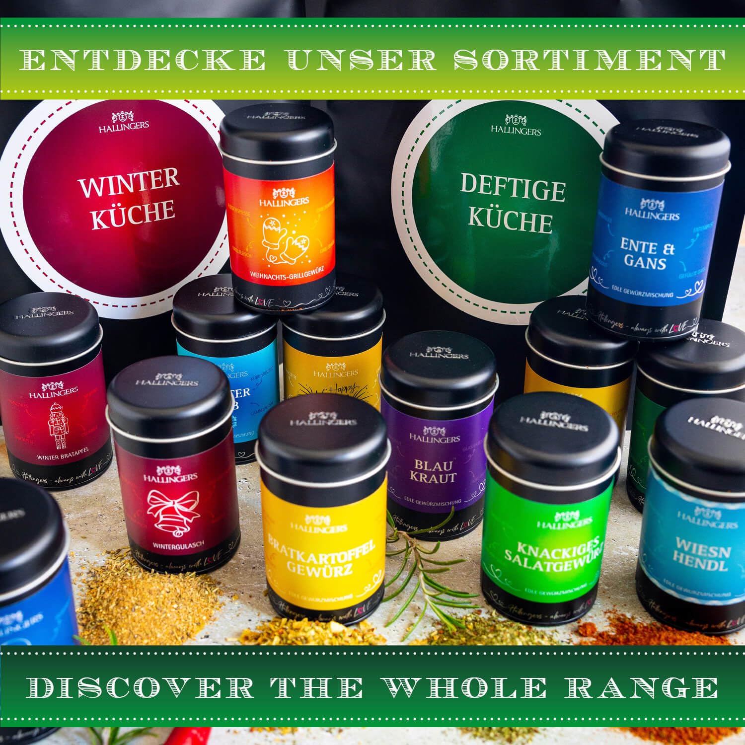 Hallingers Genuss Manufaktur Gewürz Geschenk-Set - Selektion unserer Besteller als Probierset in edlen Aromadosen & Tragetasche "Deftige Küche", Geschenkidee für Frauen Männer