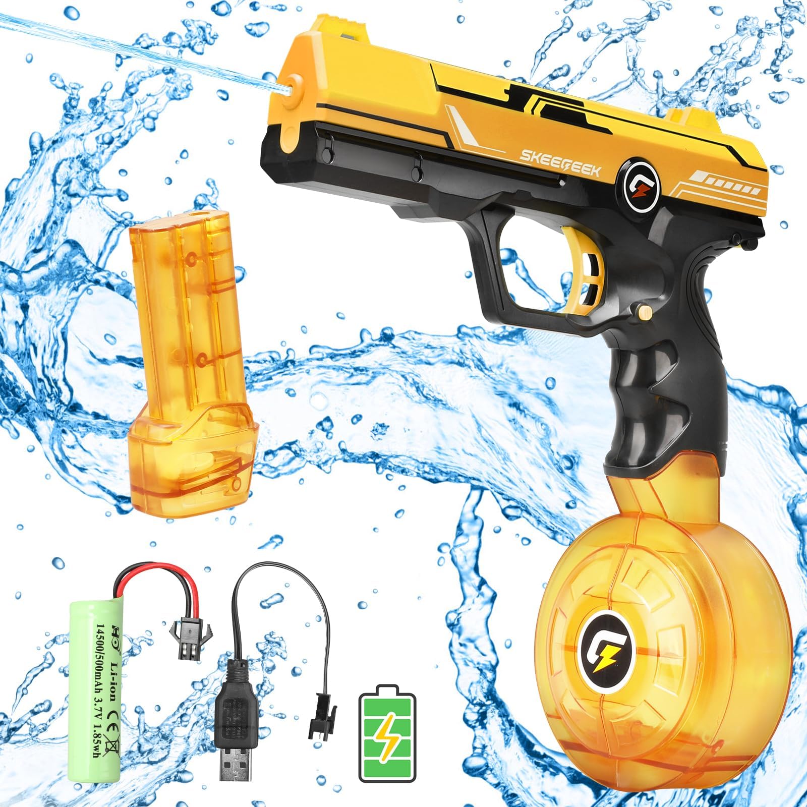 Electric Water Gun Pistol - Rechargeable Automatic Water Pistols with 450 CC + 58 CC Large Capacity | 32 FT Squirt Guns Spray Blaste Summer Beach Pool Outdoor Toys for Adults Kids (Orange)
