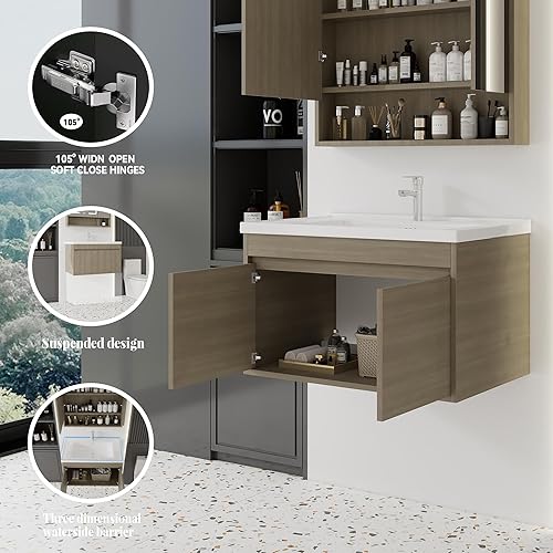 Miniatura 237 de Tocador de baño de 20 pulgadas con lavabo de cerámica, tocador de baño pequeño montado en la pared con puerta de cierre suave, gabinete flotante